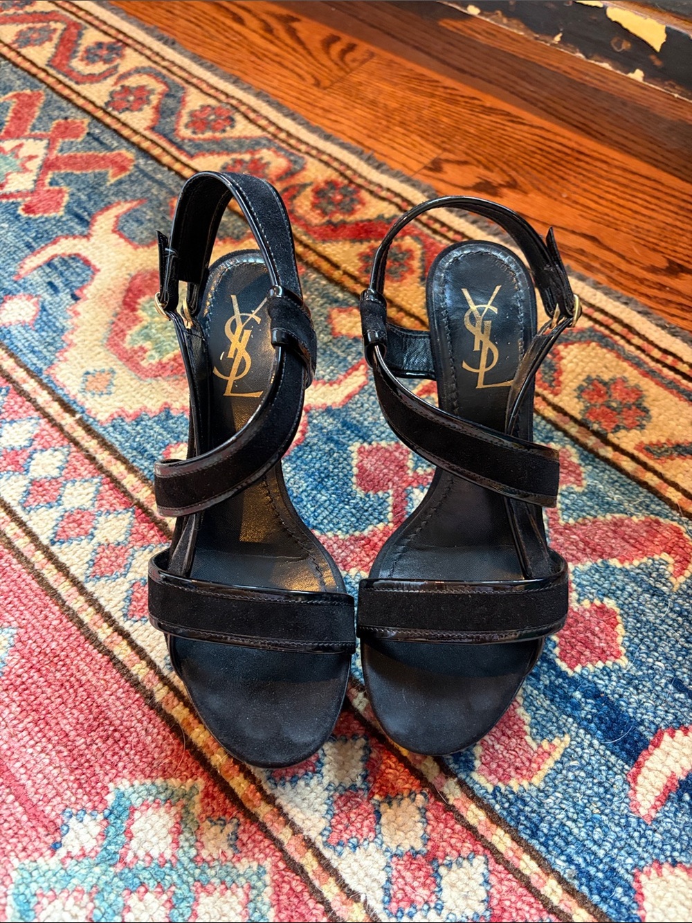Saint Laurent Black Suede and patent leather accent Crisscross Strap Heels